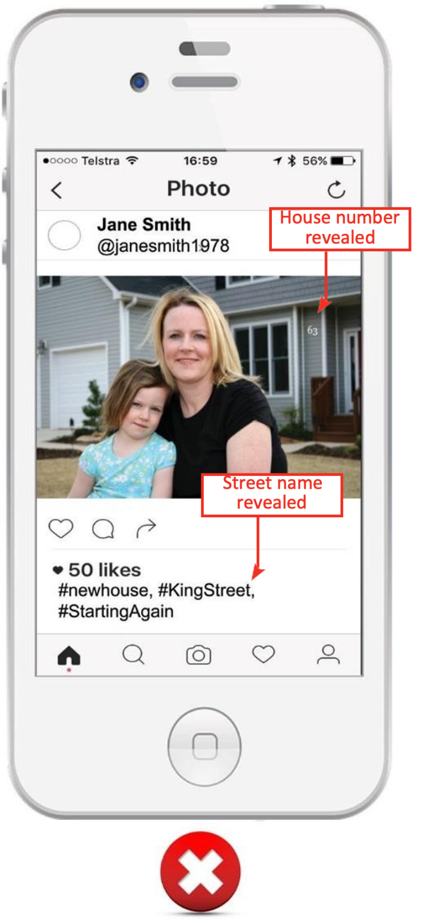 A photo of a phone and on the phone is an image of a woman and her daughter. There is labelling pointing out that the house number can be seen in the photo and the street name can be seen in the captions of the photo. There's also a symbol indicating that this is not good.